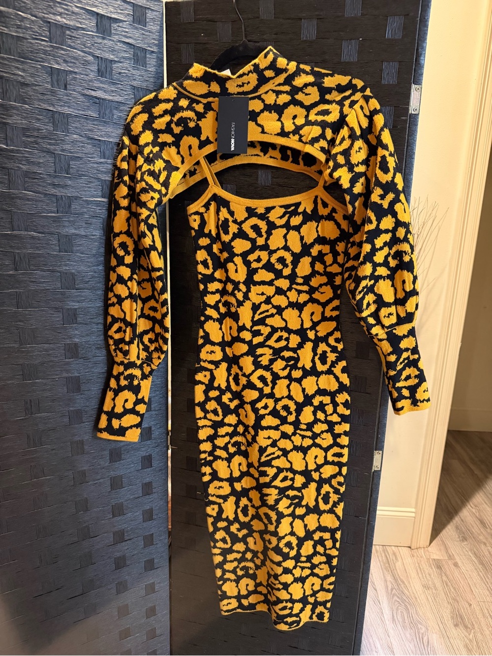 Fashion Nova Yellow and Black Leopard Print Knit Dress with Bolero